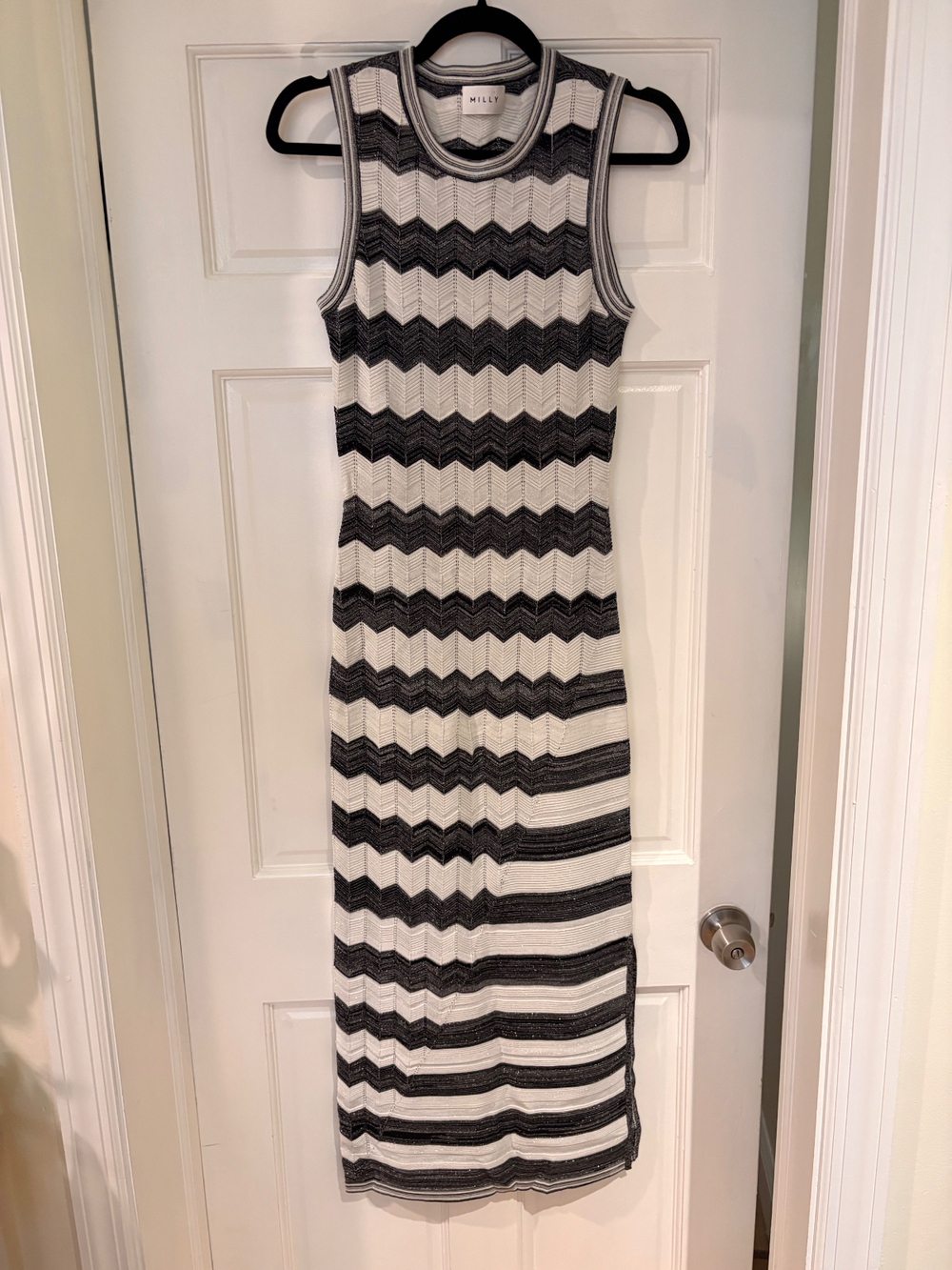 Milly Chevron Stripe Knit Sleeveless Maxi Dress XS Black White